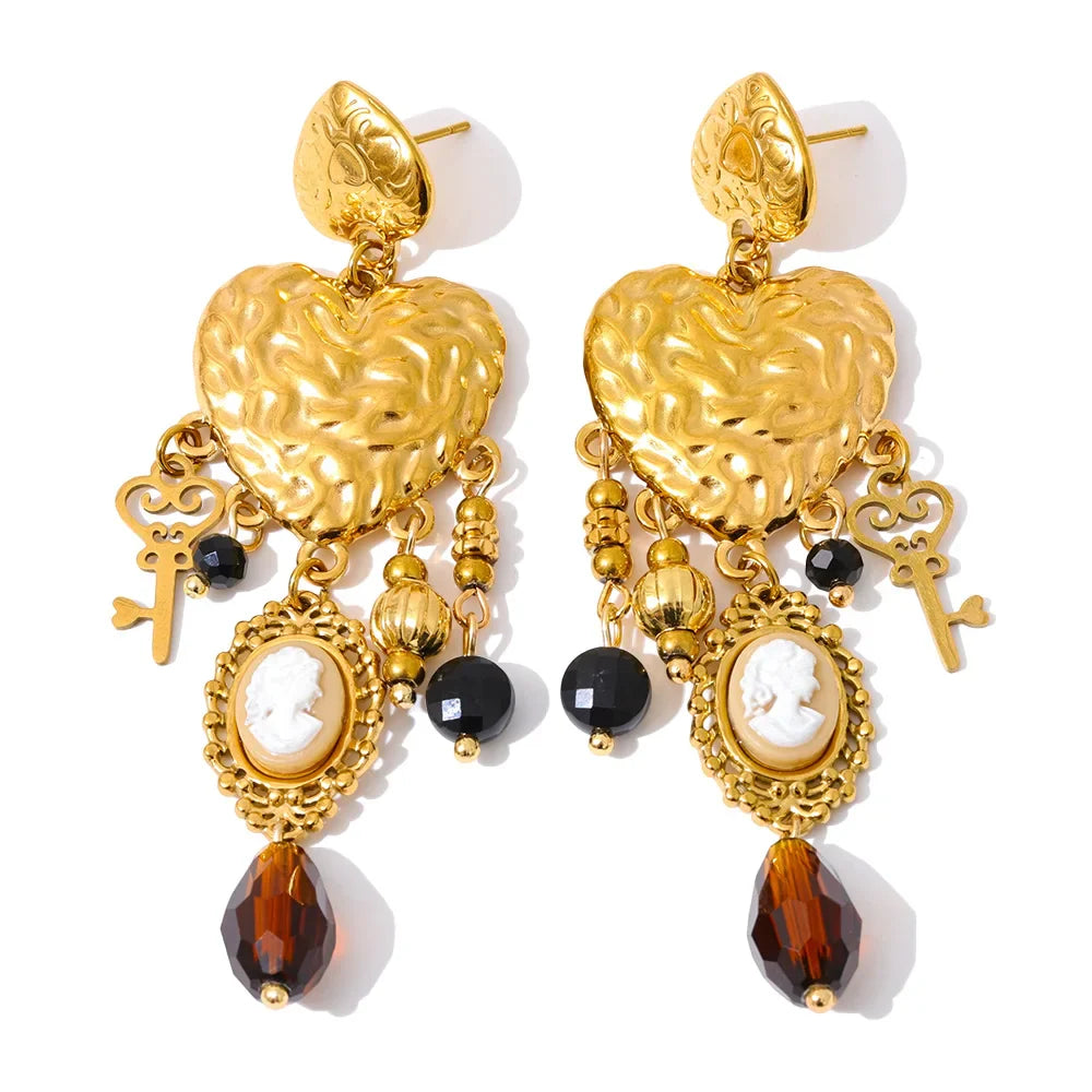 Yhpup Vintage Stainless Steel Heart Cross Key Charm Pendant Drop Earrings Golden Plated Crystal Resin Stone Waterproof Jewelry