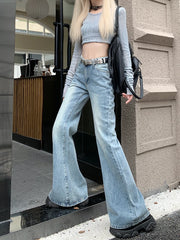Women Mid Waist Stretch Slim Fit Flare Jeans Lady Y2K Blue Wash Trousers