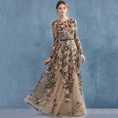 Evening Dresses: Sleeve Evening Dress Sequins Flowers Applique A-Line with Belt