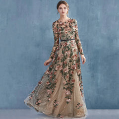 Evening wear Dresses: O-Neck Long Sleeve Evening Dress Sequins Flowers Gowns