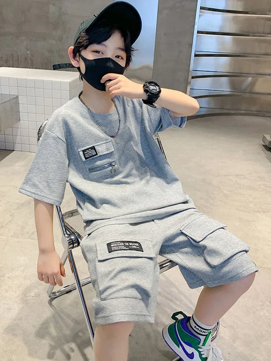 Summer Kids Boys T-Shirt+Shorts 2-Piece Set Letter Printing Children Teen Loose Comfortable Sports Casual Clothes 4-14 Years Old