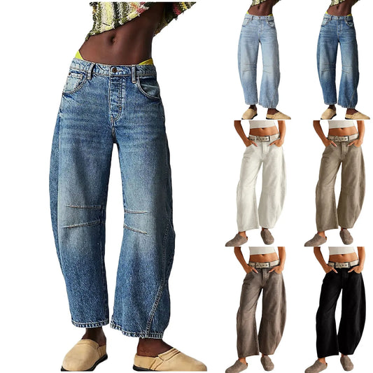 Women Vintage Mid Waist Jeans Wide Leg Loose Boyfriend Denim Cropped Pants