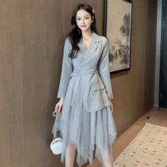 Formal attire Dresses: Midi Dress Female Notched Collar Mesh Stitching Long Dresses