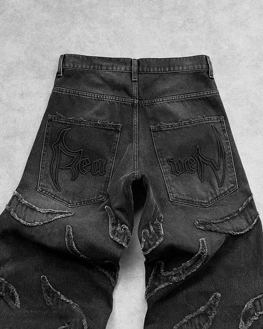 Streetwear retro hip-hop flame embroidery loose high-waisted jeans female Y2K