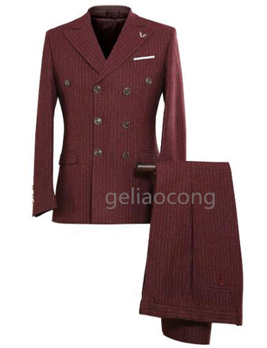 Tuxedo for Mens: Burgundy Striped Men Suits Peak Lapel Jacket Pants Wedding Italian