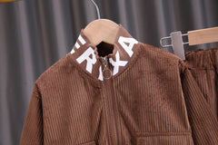 Baby boy clothes corduroy zipper long sleeved casual sports two-piece set for 0-5 year old fashionable girls with top and pants
