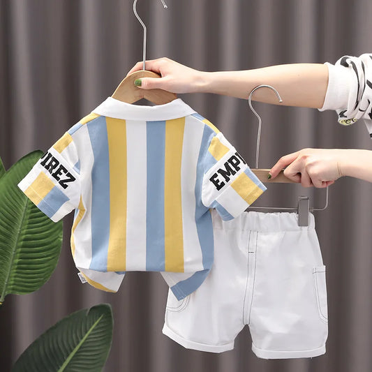 New 2025 Boys Cotton Striped Shorts Set 2-Piece Summer Outfit Fashion Short Sleeve Casual Playwear Stylish Kids Clothing