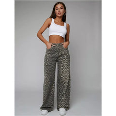 Leopard Print Womens Jeans High Waist Vintage Hip Hop Casual Straight Baggy Y2K Pants