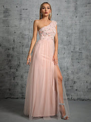 Homecoming Dresses: One shoulder pleated embroidery slit A set of gauze evening