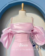 Homecoming Dresses: Off the Shoulders Mermaid Pink Spaghetti Straps Puff Sleeves