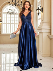 Homecoming Dresses: Evening Dress For Women Deep V-neck Satin Prom Gowns