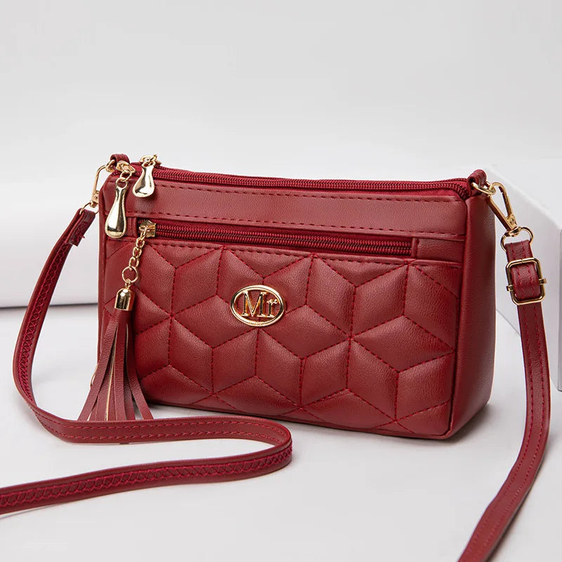 Double Zipper Crossbody Bag Fashion PU Diamond Lattice Shoulder Bag
