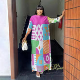 Pleated Print Dress Color Contrast Long Sleeve Relaxed Women's Long Casual