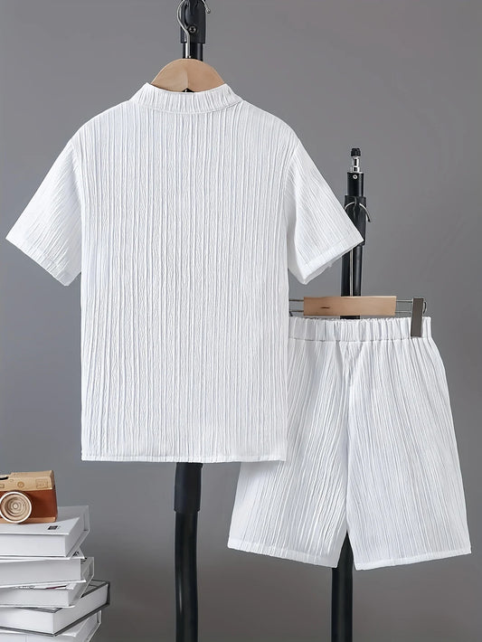 Boys' Textured Fabric Round Neck Shorts Shirt Short-Sleeved Suit