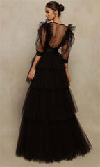 Homecoming Dresses: Black Evening Dress Puffy Sleeve Prom Dress A-line Party Dress