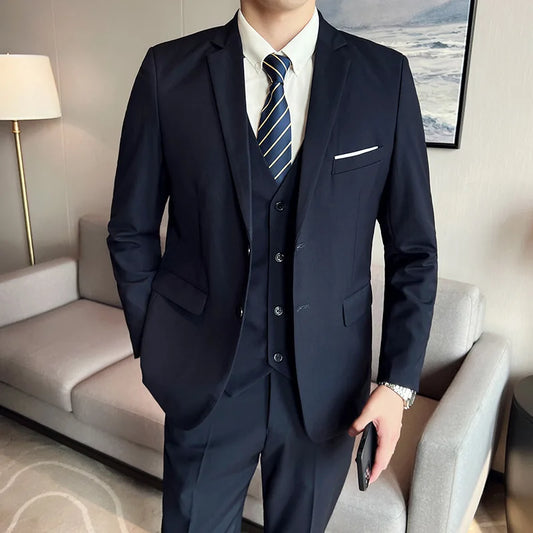 Tuxedo for Mens: Men (suit + vest + trousers) slim-fit business casual solid color