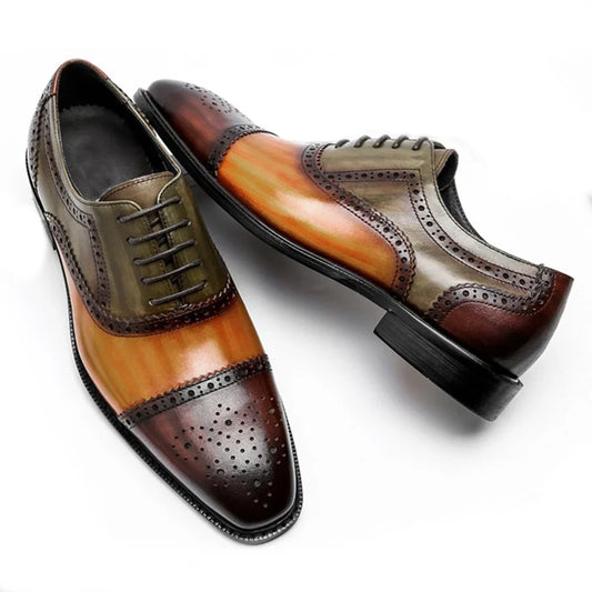 Color Block Genuine Leather Mens Formal Oxford Shoes Cap Toe Lace Up