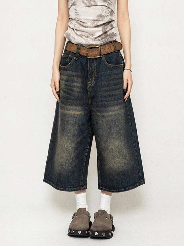High Waist Black Retro Washed Denim Shorts Women's Harajuku Vintage Fashion Casual Loose Y2K Streetwear Mid Long Wide Leg Pants