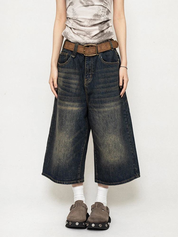 High Waist Black Retro Washed Denim Shorts Women's Harajuku Vintage Fashion Casual Loose Y2K Streetwear Mid Long Wide Leg Pants