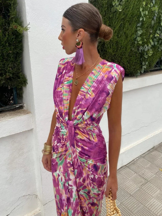 Formal attire Dresses: Printed Maxi Dress Chic Deep V Neck Sleeveless