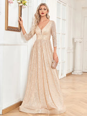 Homecoming Dresses: V Neck Long Sleeves Blue Sequins Formal Evening Dress