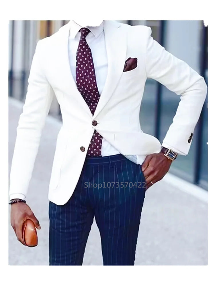 Tuxedo for Mens: White Men Suits Notch Lapel Jacket Striped Pants Wedding