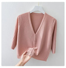Fashion Women Solid Knitted Sweaters Coats Spring Summer Half Sleeve V-neck