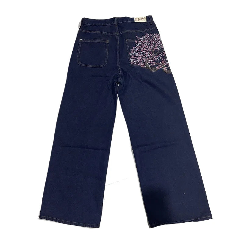 Y2K Harajuku jeans Goth vintage plum blossom embroidery pattern wide leg pants men women denim fabric American style street wear