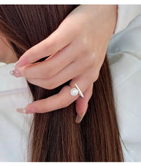 925 Sterling Silver Round Pearl Ring Wedding Adjustable Rings For Women Jewelry