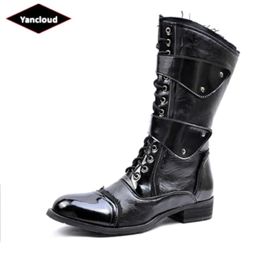 Gothic Punk Cosplay Dance Boots for Men Mid Leg Patent Leather Short Military Boots