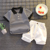 Summer Boys Sets Baby Thin Suit Children Lapel Striped Top Solid Shorts Two-Piece New Baby Fashion Casual Outfit 12M-5 Years Old