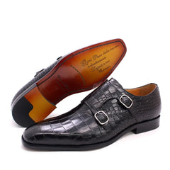 Men's Luxury Italian Mens Shoes Real Leather Pointed Toe Double Buckles