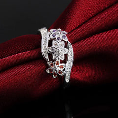 925 Sterling Silver For women lady wedding inlaid stone crystal flower ring
