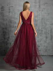 Homecoming Dresses: V-neck 3d sequin embroidered mesh slit skirt