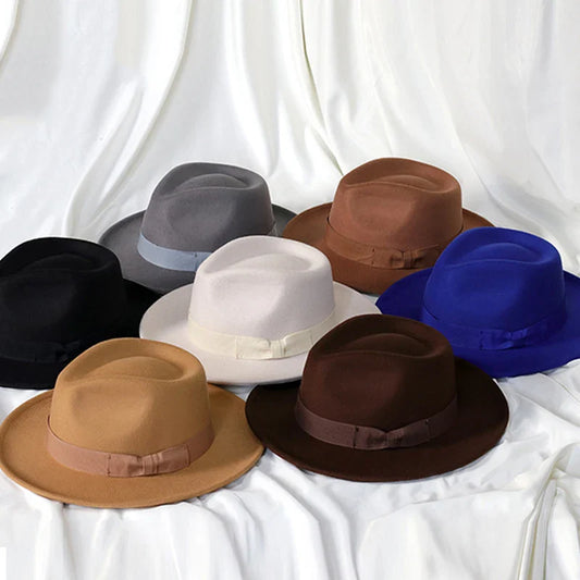2022 New Fashion Men Fedoras Hat Women's Jazz Hat with Bow Tie Elegant Spring Black Woolen Blend Cap Outdoor Casual Felt Hat