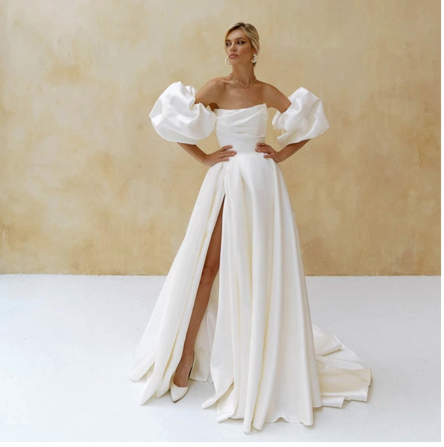 Wedding Dress Short Puff Sleeves Simple Plain White Bridal Gown