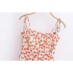 Vintage Cherry Print Sling Dress Women Spaghetti Strap