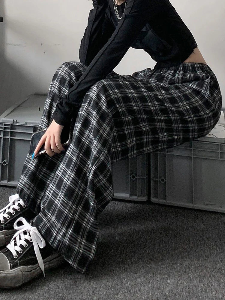 Jmprs Oversize Women Sweatpants Summer Fashion Black Plaid Casual Pants