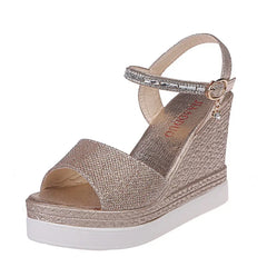 Women's Sandals 10cm Rhine-drill Buckle Thick Soled High Heels Ladies Casual Shoes