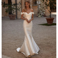 White Bridesmaid Dresses: Train Women Long Dresses Party Satin Fabric 3D Blossoms