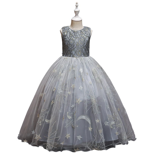 Grey Girls' formal dress with star embroidery, long dress with temperament, long mesh dress, host piano performance costume