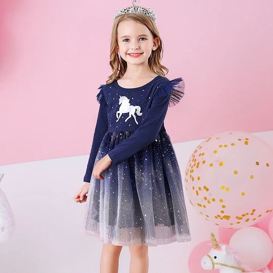 Kids Flare Sleeve Autumn Spring Dress Girls Licorne Cartoon Dress