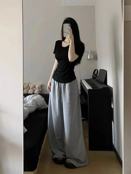 Oversize Vintage Straight Joggers Women Deeptown Grey Sweatpants Casual Korean Fashion Wide Leg Pants Streetwear Sports Trousers