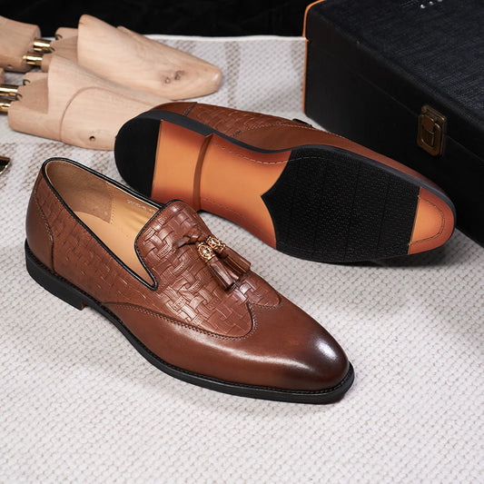 Luxury Men's Wedding Dress Shoes Genuine Cow Leather Plaid