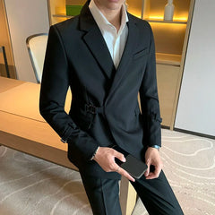 Beach Wedding Outfit Men: Men's Suit Set with Belt Decoration, Casual Two-Piece Suit