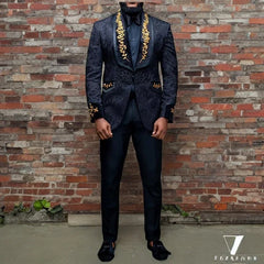 Black Floral Men Suits with Buttons Shawl Lapel Jacket with Pants 2 Piece