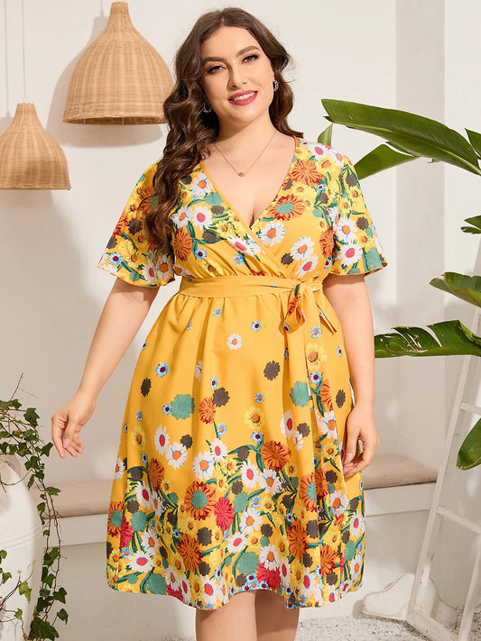 4xl 5xl Plus Size Midi Dress Women Summer V Neck Short Sleeve Floral Print Yellow Dress