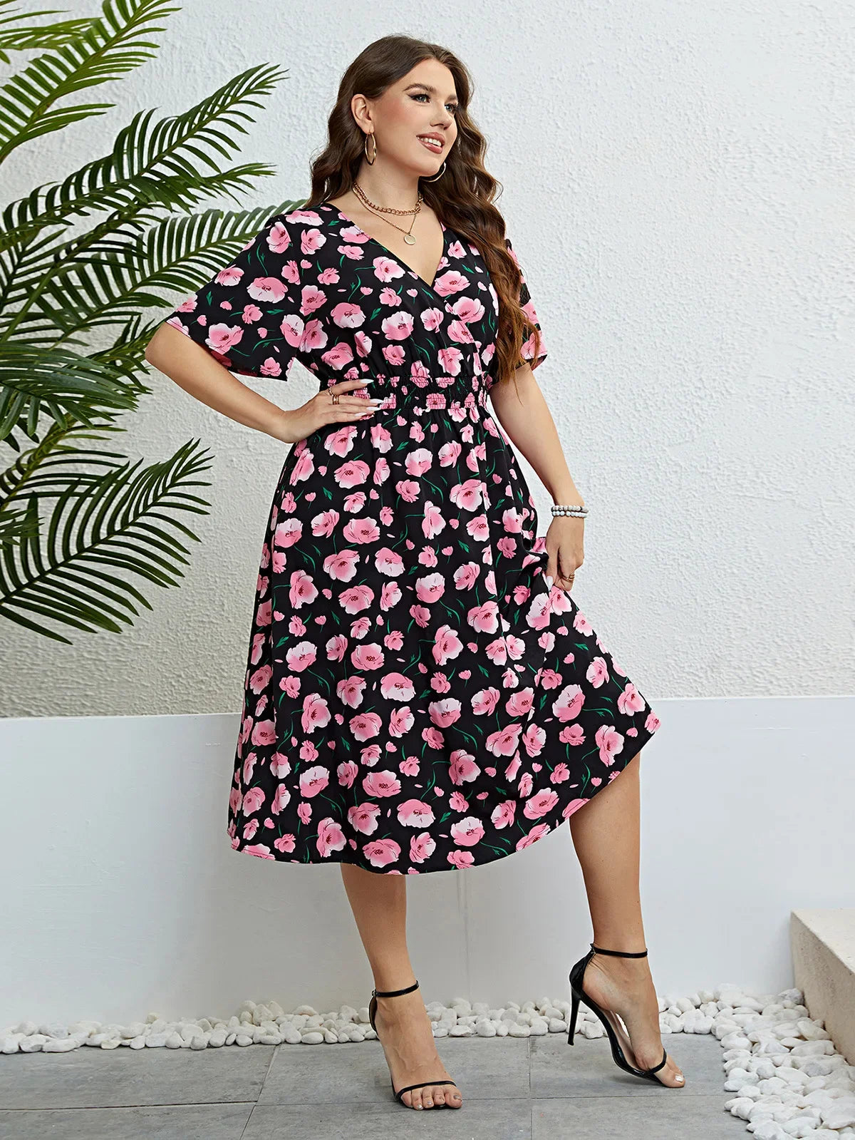 Plus Size Floral Print Wrapped V-Neck Women Dresses Short Sleeves