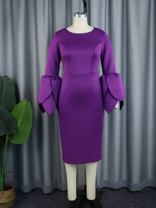 Purple Midi Dresses for Women Plus Size O Neck Long Ruffles Sleeve