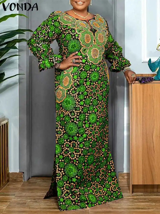 Plus Size 5XL Women Bohemian Dress Printed V-Neck Long Sleeve Maxi Sundress